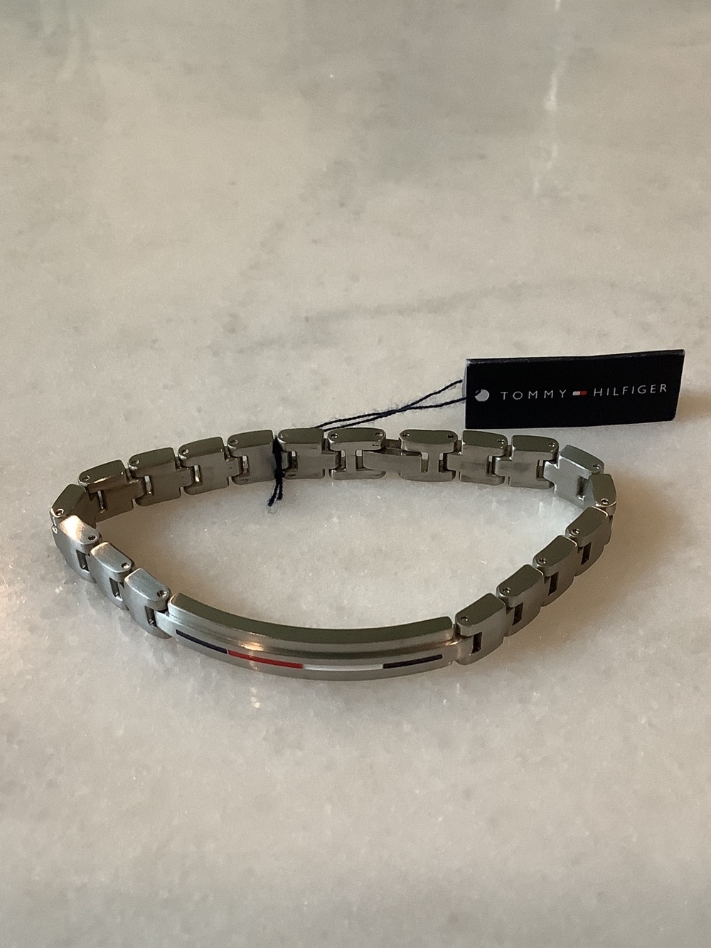 Tommy Hilfiger Silver Stainless Steel Link Bracelet w/ Signature Trim, Brand New